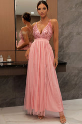 Robe longue de soirée à paillettes scintillantes, décolleté plongeant en V, dos nu et fente haute - Rose
